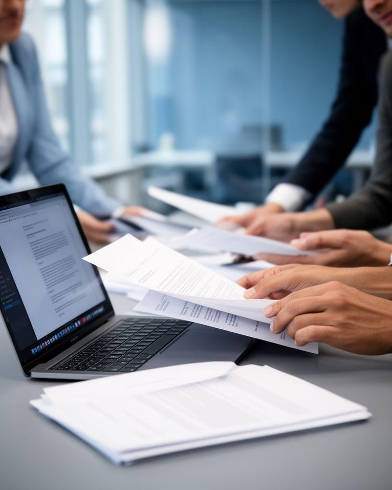 Legal professionals reviewing a contract draft in a modern London office with printed clauses and a laptop on the table